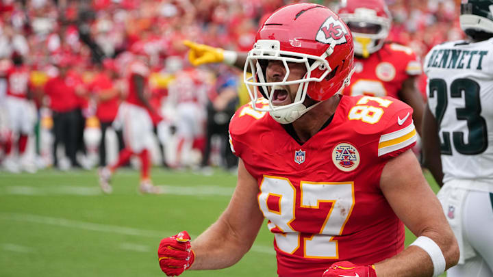 Sep 14, 2025; Kansas City, Missouri, USA; Kansas City Chiefs tight end Travis Kelce (87) celebrates after a play against the Philadelphia Eagles during the second quarter of the game at GEHA Field at Arrowhead Stadium. Mandatory Credit: Denny Medley-Imagn Images
