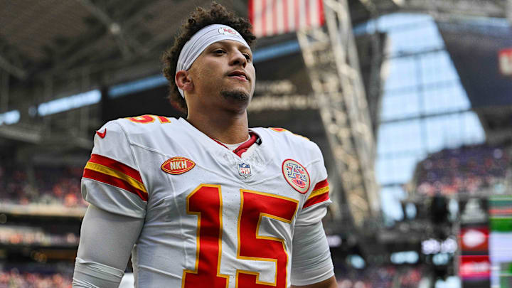 Oct 8, 2023; Minneapolis, Minnesota, USA; Kansas City Chiefs quarterback Patrick Mahomes (15) comes off the field before the game against the Minnesota Vikings at U.S. Bank Stadium. Mandatory Credit: Jeffrey Becker-Imagn Images