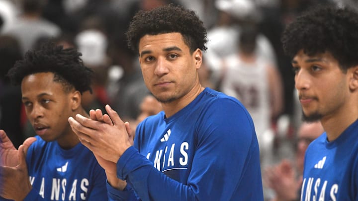 Kansas' guard Kevin McCullar Jr. (15) claps during warmups before the Big 12 basketball game against Texas Tech