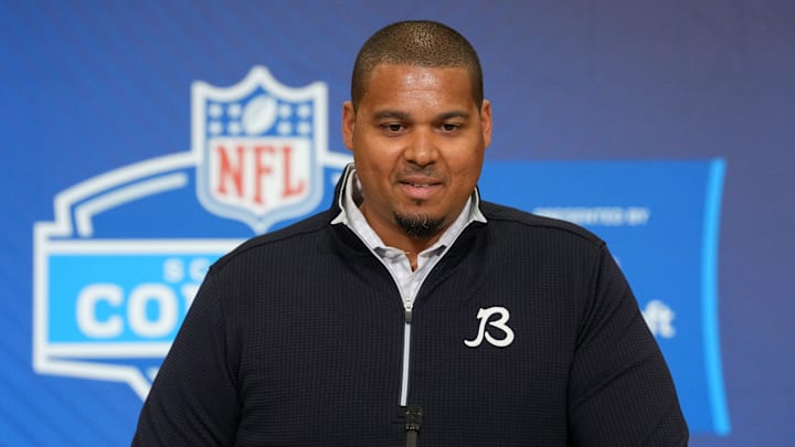 Chicago Bears general manager Ryan Poles speaks at the NFL Scouting Combine