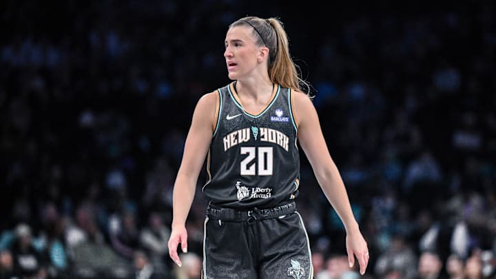 May 29, 2025; Brooklyn, New York, USA; New York Liberty guard Sabrina Ionescu (20) during the first half against the Golden State Valkyries at Barclays Center. Mandatory Credit: John Jones-Imagn Images May 29, 2025; Brooklyn, New York, USA; New York Liberty guard Sabrina Ionescu (20) during the first half against the Golden State Valkyries at Barclays Center. Mandatory Credit: John Jones-Imagn Images