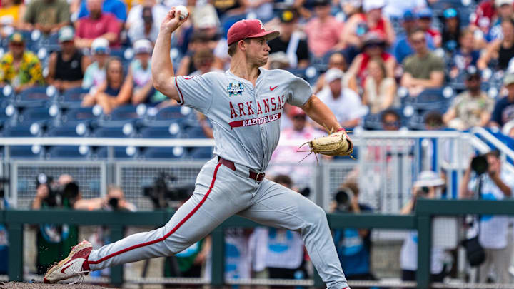Arkansas Razorbacks starting pitcher Gage Wood (14) pitches against the Murray State Racers during the first inning at Charles Schwab Field in Omaha, Neb., on June 1, 2025.