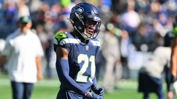 Oct 6, 2024; Seattle, Washington, USA; Seattle Seahawks cornerback Devon Witherspoon (21) during warmups before the game against the New York Giants at Lumen Field. Mandatory Credit: Steven Bisig-Imagn Images