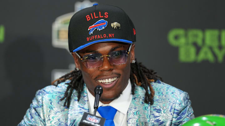 Apr 24, 2025; Green Bay, WI, USA; Maxwell Hairston speaks in a press conference after being selected by the Buffalo Bills as the number 30 pick in the first round of the 2025 NFL Draft at Lambeau Field.