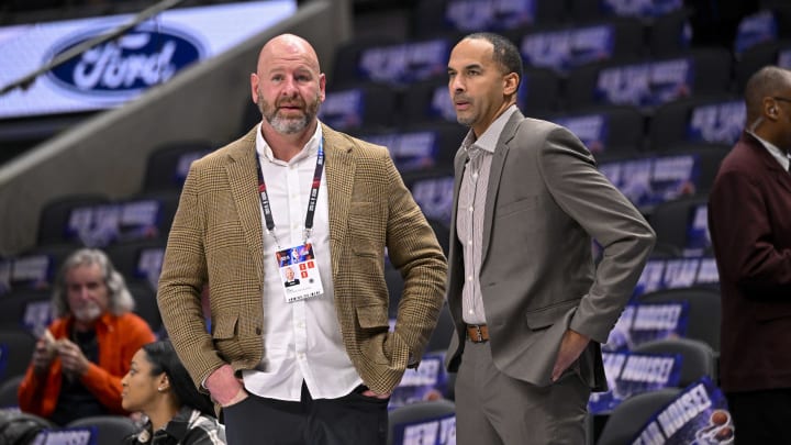 Jan 3, 2024; Dallas, Texas, USA; Portland Trail Blazers general manager Joe Cronin (left) and Dallas Mavericks general manager Nico Harrison (right) before the game between the Dallas Mavericks and the Portland Trail Blazers at the American Airlines Center. Mandatory Credit: Jerome Miron-USA TODAY Sports