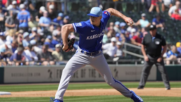 Mar 10, 2024; Mesa, Arizona, USA; Kansas City Royals pitcher Evan Sisk (47) throws in the second inning against the Oakland Athletics at Hohokam Stadium. Mandatory Credit: Rick Scuteri-Imagn Images Mar 10, 2024; Mesa, Arizona, USA; Kansas City Royals pitcher Evan Sisk (47) throws in the second inning against the Oakland Athletics at Hohokam Stadium. Mandatory Credit: Rick Scuteri-Imagn Images
