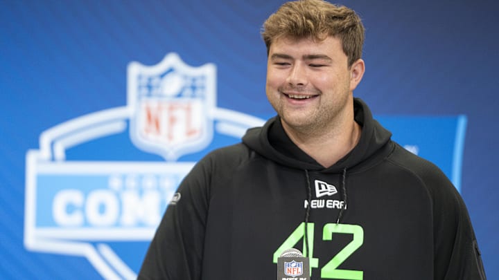 Mar 1, 2025; Indianapolis, IN, USA; Boston College offensive lineman Ozzy Trapilo (OL42) answers questions at a press conference during the 2025 NFL Combine at Indiana Convention Center. Mandatory Credit: Jacob Musselman-Imagn Images