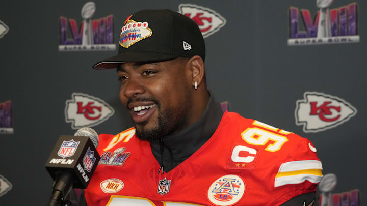 Feb 7, 2024; Las Vegas, NV, USA; Kansas City Chiefs defensive tackle Chris Jones (95) during a press