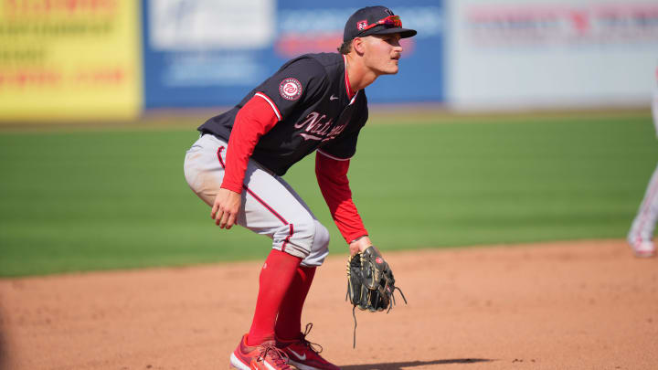 Mar 15, 2024; Port St. Lucie, Florida, USA; Washington Nationals third baseman Brady House (55) participates in the Spring Breakout game against the New York Mets at Clover Park. Mar 15, 2024; Port St. Lucie, Florida, USA; Washington Nationals third baseman Brady House (55) participates in the Spring Breakout game against the New York Mets at Clover Park.