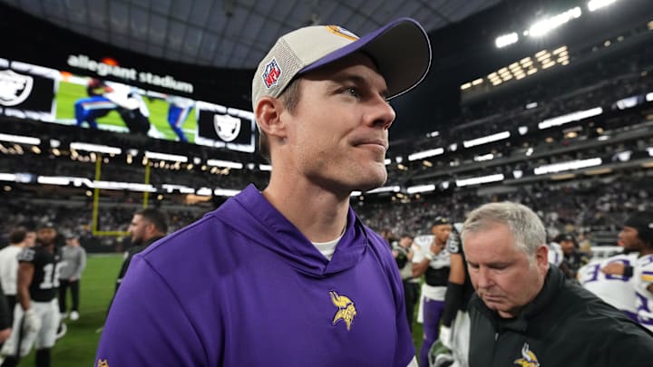 Dec 10, 2023; Paradise, Nevada, USA; Minnesota Vikings coach Kevin O'Connell reacts after the game