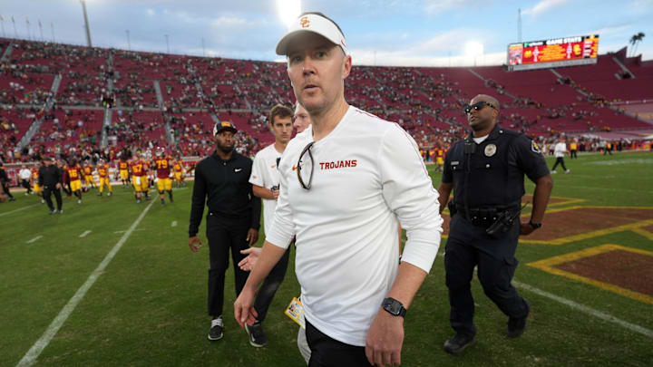 Southern California Trojans head coach Lincoln Riley leaves the field after the game against the Notre Dame Fighting Irish. Southern California Trojans head coach Lincoln Riley leaves the field after the game against the Notre Dame Fighting Irish.