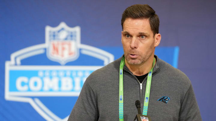 Carolina Panthers general manager Dan Morgan speaks at the NFL Scouting Combine