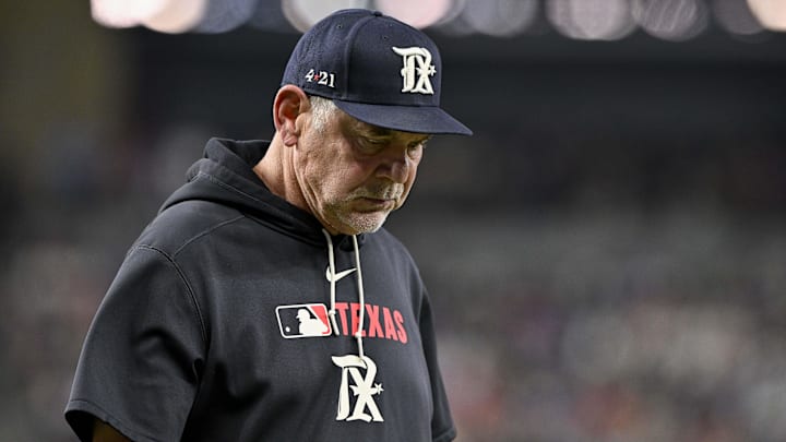 Jul 25, 2025; Arlington, Texas, USA; Texas Rangers manager Bruce Bochy (15) during the game between the Texas Rangers and the Atlanta Braves at Globe Life Field. Jul 25, 2025; Arlington, Texas, USA; Texas Rangers manager Bruce Bochy (15) during the game between the Texas Rangers and the Atlanta Braves at Globe Life Field.