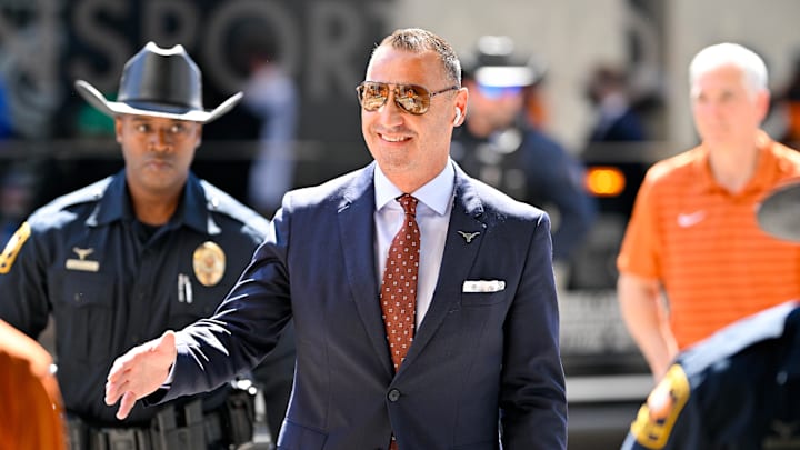 Oct 11, 2025; Dallas, Texas, USA; Texas Longhorns head coach Steve Sarkisian arrives at the stadium before the game against the Oklahoma Sooners at Cotton Bowl. Mandatory Credit: Jerome Miron-Imagn Images