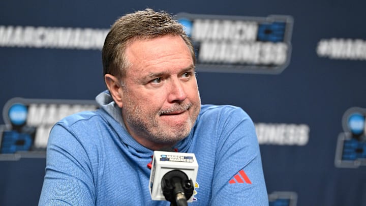 Mar 19, 2025; Providence, RI, USA; Kansas Jayhawks head coach Bill Self speaks to the media during a press conference at Amica Mutual Pavilion. Mandatory Credit: Eric Canha-Imagn Images