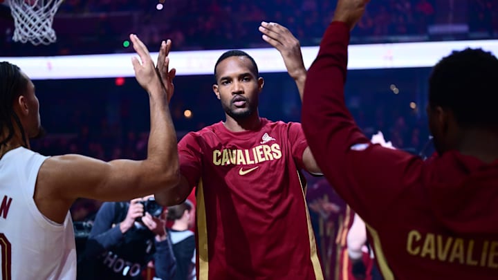 Jan 23, 2026; Cleveland, Ohio, USA; Cleveland Cavaliers center Evan Mobley (4) is introduced before the game between the Cavaliers and the Sacramento Kings at Rocket Arena. Mandatory Credit: Ken Blaze-Imagn Images