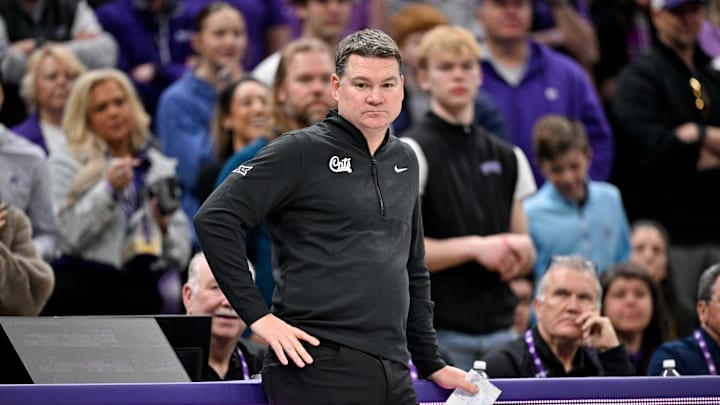 Jan 10, 2026; Fort Worth, Texas, USA; Arizona Wildcats head coach Tommy Lloyd looks on during the first half against the TCU Horned Frogs at the Ed and Rae Schollmaier Arena. Mandatory Credit: Jerome Miron-Imagn Images