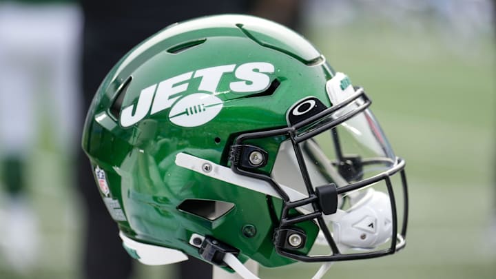 Aug 12, 2023; Charlotte, North Carolina, USA; New York Jets helmet during the second quarter against the Carolina Panthers at Bank of America Stadium. Mandatory Credit: Jim Dedmon-Imagn Images