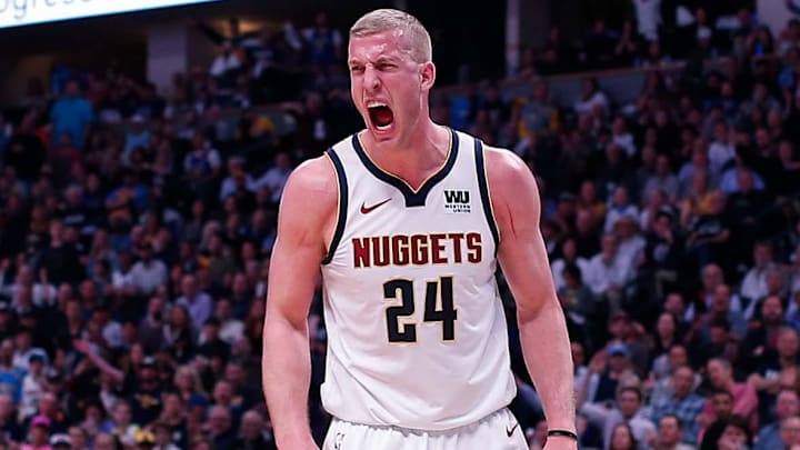 Apr 16, 2019; Denver, CO, USA; Denver Nuggets forward Mason Plumlee (24) reacts after a play against the San Antonio Spurs in the third quarter in game two of the first round of the 2019 NBA Playoffs at the Pepsi Center. Mandatory Credit: Isaiah J. Downing-Imagn Images