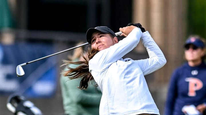 Michigan State's Leila Raines tees off on the 10th hole during the NCAA women's golf regional on