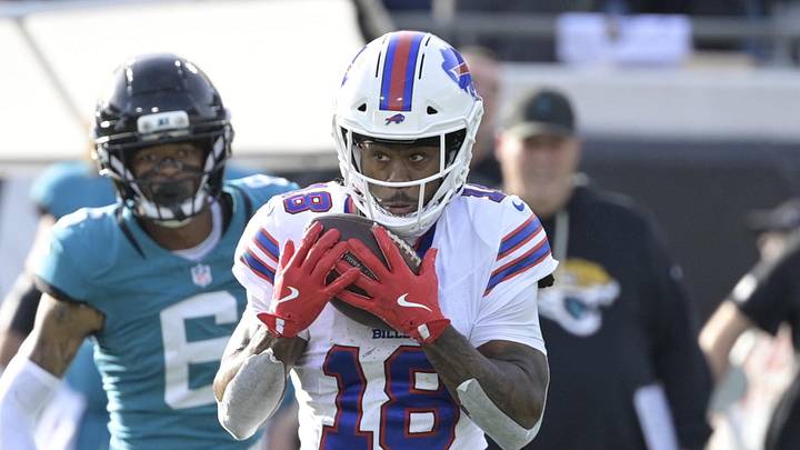 Jan 11, 2026; Jacksonville, FL, USA; Buffalo Bills wide receiver Brandin Cooks (18) runs with the ball during the second half against the Jacksonville Jaguars in an AFC Wild Card Round game at EverBank Stadium. Mandatory Credit: Melina Myers-Imagn Images