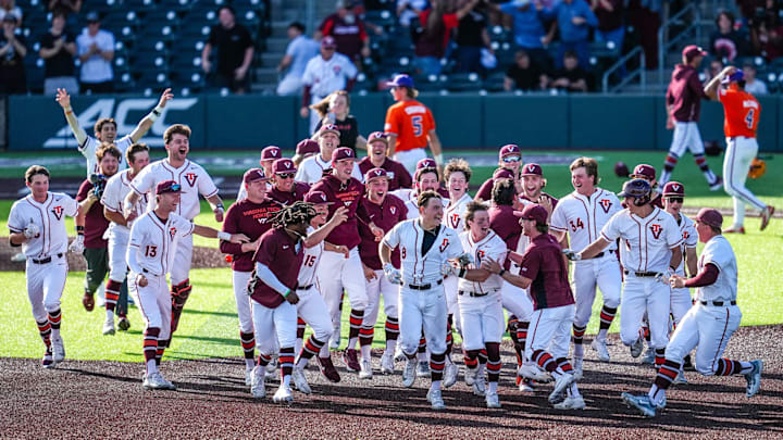 Blacksburg, VA — Virginia Tech Baseball celebrates its walk-off win against Clemson in game two, 2026.