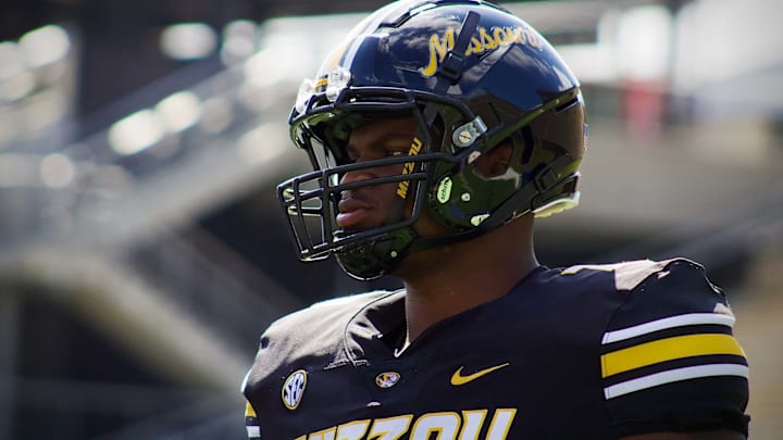 March 16, 2024; Columbia, Missouri, USA; Missouri Tigers offensive lineman Cayden Green at the team's 'Black and Gold' spring scrimmage at Faurot Field. March 16, 2024; Columbia, Missouri, USA; Missouri Tigers offensive lineman Cayden Green at the team's 'Black and Gold' spring scrimmage at Faurot Field.