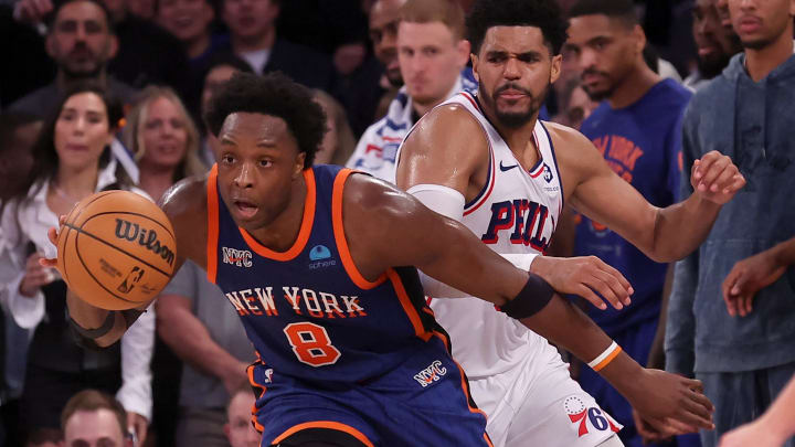 Apr 30, 2024; New York, New York, USA; New York Knicks forward OG Anunoby (8) steals the ball from Philadelphia 76ers forward Tobias Harris (12) during the fourth quarter of game 5 of the first round of the 2024 NBA playoffs at Madison Square Garden. Mandatory Credit: Brad Penner-USA TODAY Sports