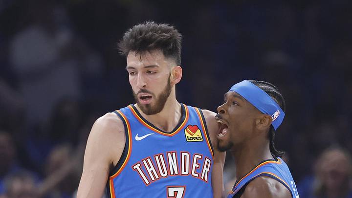 May 5, 2026; Oklahoma City, Oklahoma, USA; Oklahoma City Thunder guard Shai Gilgeous-Alexander (2) and center Chet Holmgren (7) celebrate after a play against the Los Angeles Lakers in the first half during game one of the second round of the 2026 NBA Playoffs at Paycom Center. Mandatory Credit: Alonzo Adams-Imagn Images