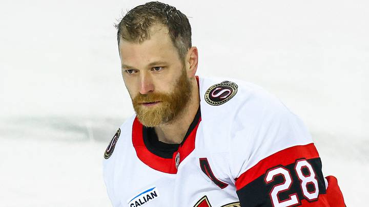 Mar 5, 2026; Calgary, Alberta, CAN; Ottawa Senators right wing Claude Giroux (28) skates during the warmup period against the Calgary Flames at Scotiabank Saddledome. Mandatory Credit: Sergei Belski-Imagn Images