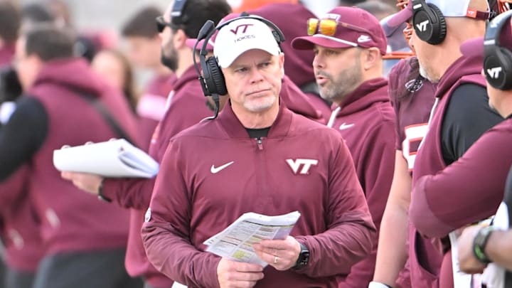 Nov 1, 2025; Blacksburg, Virginia, USA; Virginia Tech Hokies coach Phillip Montgomery during the third quarter at Lane Stadium. Mandatory Credit: Brian Bishop-Imagn Images
