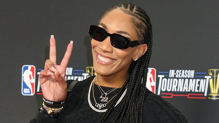 A'ja Wilson arrives at the NBA In-Season Tournament. 