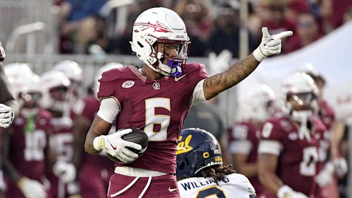 Sep 21, 2024; Tallahassee, Florida, USA; Florida State Seminoles wide receiver Jalen Brown (6) signals first down after a catch during the first half against the California Golden Bears at Doak S. Campbell Stadium. Mandatory Credit: Melina Myers-Imagn Images