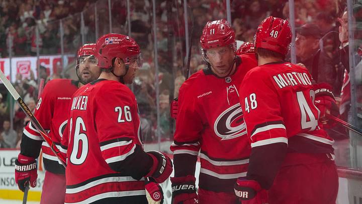 Nov 15, 2025; Raleigh, North Carolina, USA; Carolina Hurricanes center Jordan Staal (11) celebrates his goal with left wing Jordan Martinook (48) defenseman Sean Walker (26) and left wing William Carrier (28) against the Edmonton Oilers during the third period at Lenovo Center. Mandatory Credit: James Guillory-Imagn Images Nov 15, 2025; Raleigh, North Carolina, USA; Carolina Hurricanes center Jordan Staal (11) celebrates his goal with left wing Jordan Martinook (48) defenseman Sean Walker (26) and left wing William Carrier (28) against the Edmonton Oilers during the third period at Lenovo Center. Mandatory Credit: James Guillory-Imagn Images