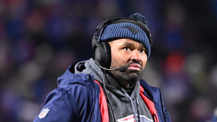 Dec 22, 2024; Orchard Park, New York, USA; New England Patriots head coach Jerod Mayo looks to the scoreboard in the fourth quarter game against the Buffalo Bills at Highmark Stadium. Mandatory Credit: Mark Konezny-Imagn Images