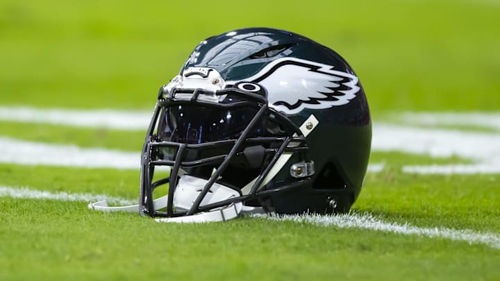 Oct 9, 2022; Glendale, Arizona, USA; Detailed view of a Philadelphia Eagles helmet at State Farm Stadium. Mandatory Credit: Mark J. Rebilas-Imagn Images