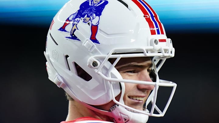 Dec. 1, 2025; Foxborough, Massachusetts, USA; New England Patriots quarterback Drake Maye (10) is seen during warmups prior to the game against the New York Giants at Gillette Stadium.