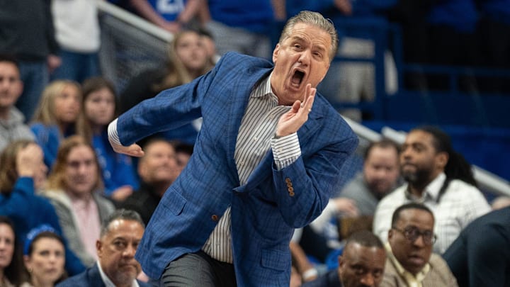 Kentucky Wildcats head coach John Calipari yells to the team during their game against the Arkansas Razorbacks on Saturday, March 2, 2024 at Rupp Arena.