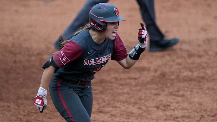 Oklahoma infielder Gabbie Garcia rounds the bases after home run. Oklahoma infielder Gabbie Garcia rounds the bases after home run.
