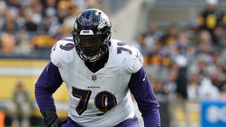 Oct 8, 2023; Pittsburgh, Pennsylvania, USA; Baltimore Ravens offensive tackle Ronnie Stanley (79) at the line of scrimmage against the Pittsburgh Steelers during the second quarter at Acrisure Stadium. Mandatory Credit: Charles LeClaire-Imagn Images Oct 8, 2023; Pittsburgh, Pennsylvania, USA; Baltimore Ravens offensive tackle Ronnie Stanley (79) at the line of scrimmage against the Pittsburgh Steelers during the second quarter at Acrisure Stadium. Mandatory Credit: Charles LeClaire-Imagn Images