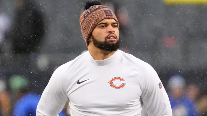 Jan 18, 2026; Chicago, IL, USA; Chicago Bears quarterback Caleb Williams (18) looks on during warmups before an NFC Divisional Round game against the Los Angeles Rams at Soldier Field.