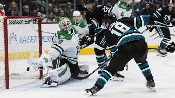 Mar 5, 2024; San Jose, California, USA; San Jose Sharks right wing Filip Zadina (18) scores a goal