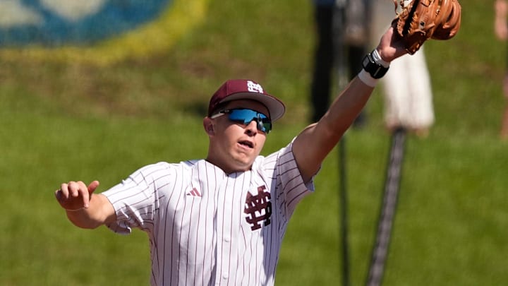 Mississippi State third baseman Ace Reese (3) spears a line drive during the game with Texas A&M in the first round of the SEC Baseball Tournament at the Hoover Met. Mississippi State third baseman Ace Reese (3) spears a line drive during the game with Texas A&M in the first round of the SEC Baseball Tournament at the Hoover Met.