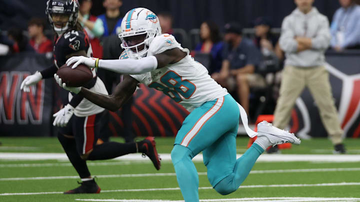Miami Dolphins wide receiver Grant DuBose (88) makes a catch against the Houston Texans in the third quarter at NRG Stadium. Miami Dolphins wide receiver Grant DuBose (88) makes a catch against the Houston Texans in the third quarter at NRG Stadium.