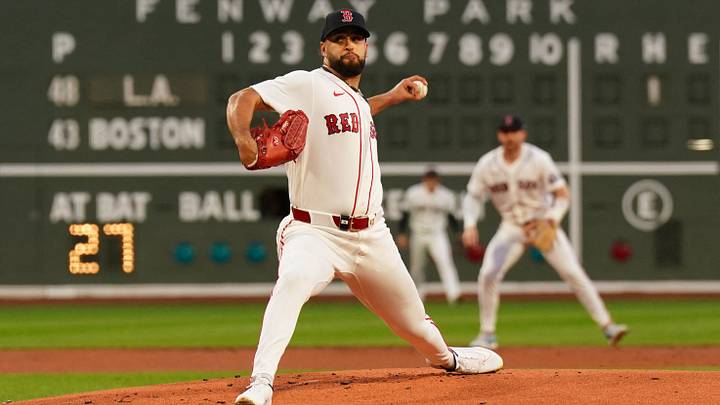 Sep 8, 2026; Boston, Massachusetts, USA; Boston Red Sox pitcher Patrick Sandoval (43) throws a pitch against the Los Angeles Angels in the first inning at Fenway Park. Mandatory Credit: David Butler II-Imagn Images