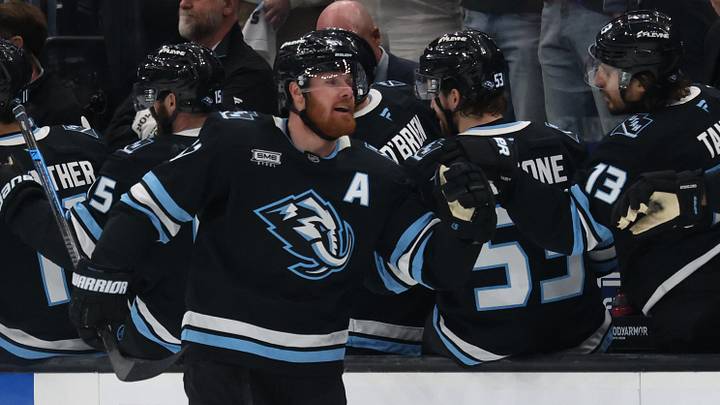 Apr 24, 2026; Salt Lake City, Utah, USA; Utah Mammoth left wing Lawson Crouse (67) celebrates with teammates after scoring a goal against the Vegas Golden Knights during the second period in game three of the first round of the 2026 Stanley Cup Playoffs at Delta Center. Mandatory Credit: Rob Gray-Imagn Images
