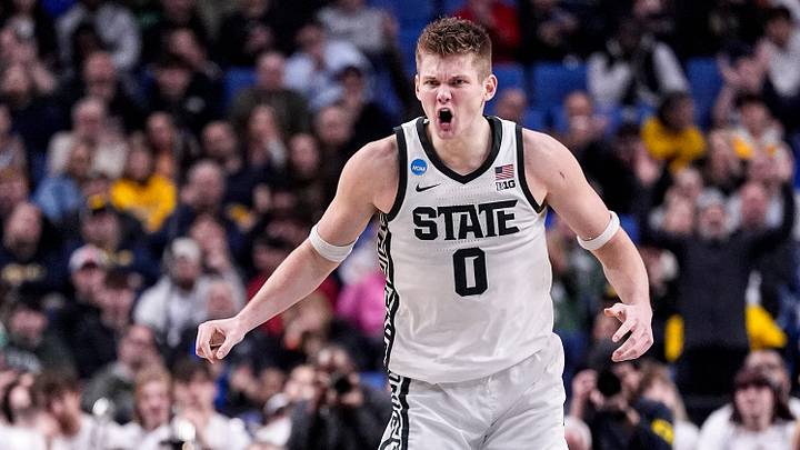 Michigan State forward Jaxon Kohler (0) celebrates a 3-pointer against Louisville during the second half of NCAA Tournament Second Round at KeyBank Center in Buffalo on Saturday, March 21, 2026. Michigan State forward Jaxon Kohler (0) celebrates a 3-pointer against Louisville during the second half of NCAA Tournament Second Round at KeyBank Center in Buffalo on Saturday, March 21, 2026.