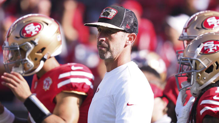 Nov 28, 2021; Santa Clara, California, USA;  San Francisco 49ers head coach Kyle Shanahan on the field during warm ups before the game against the Minnesota Vikings at Levi's Stadium. Mandatory Credit: Kelley L Cox-Imagn Images