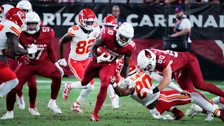 Arizona Cardinals wide receiver Davion Davis (10) carries the ball against the Kansas City Chiefs in