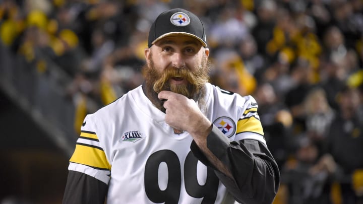 Dec 2, 2018; Pittsburgh, PA, USA; Pittsburgh Steelers former defensive end Brett Keisel (99) during a recognition of the Super Bow XLIII team during halftime of the Steelers and Los Angeles Chargers game at Heinz Field. Mandatory Credit: Philip G. Pavely-USA TODAY Sports Dec 2, 2018; Pittsburgh, PA, USA; Pittsburgh Steelers former defensive end Brett Keisel (99) during a recognition of the Super Bow XLIII team during halftime of the Steelers and Los Angeles Chargers game at Heinz Field. Mandatory Credit: Philip G. Pavely-USA TODAY Sports